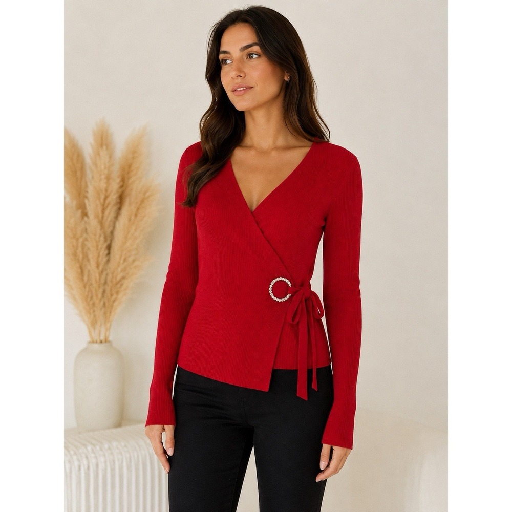 INC International Concepts Red Ribbed Wrap Sweater Rhinestone Buckle Women's L